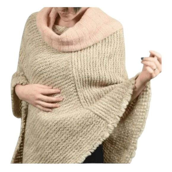 Cocogio Anthropologie Cowl Neck Poncho Sweater Salmon Pink Cream Italian Wool Bl - Picture 3 of 10